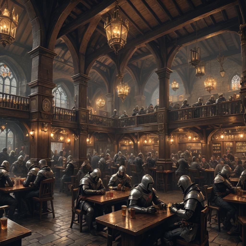 Tiny Knights Templar in English Pub: Dark Fantasy Art