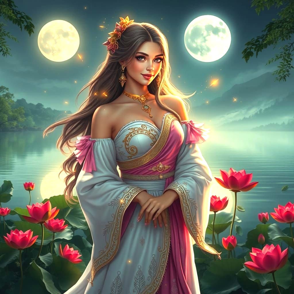 Woman in Pink Dress with Lotus, Detailed Matte Painting