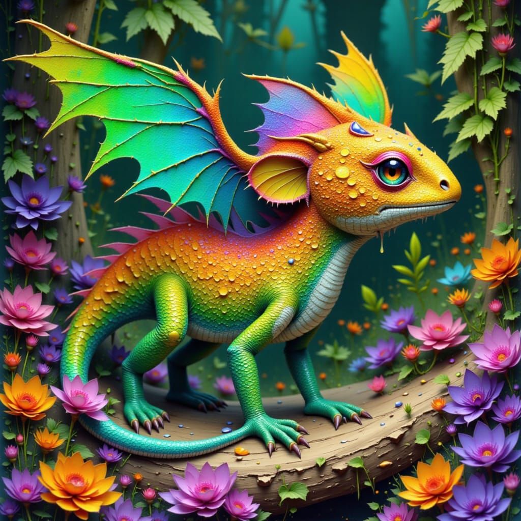 Iridescent Sapodilla-Dragon Hybrid in Whimsical Style