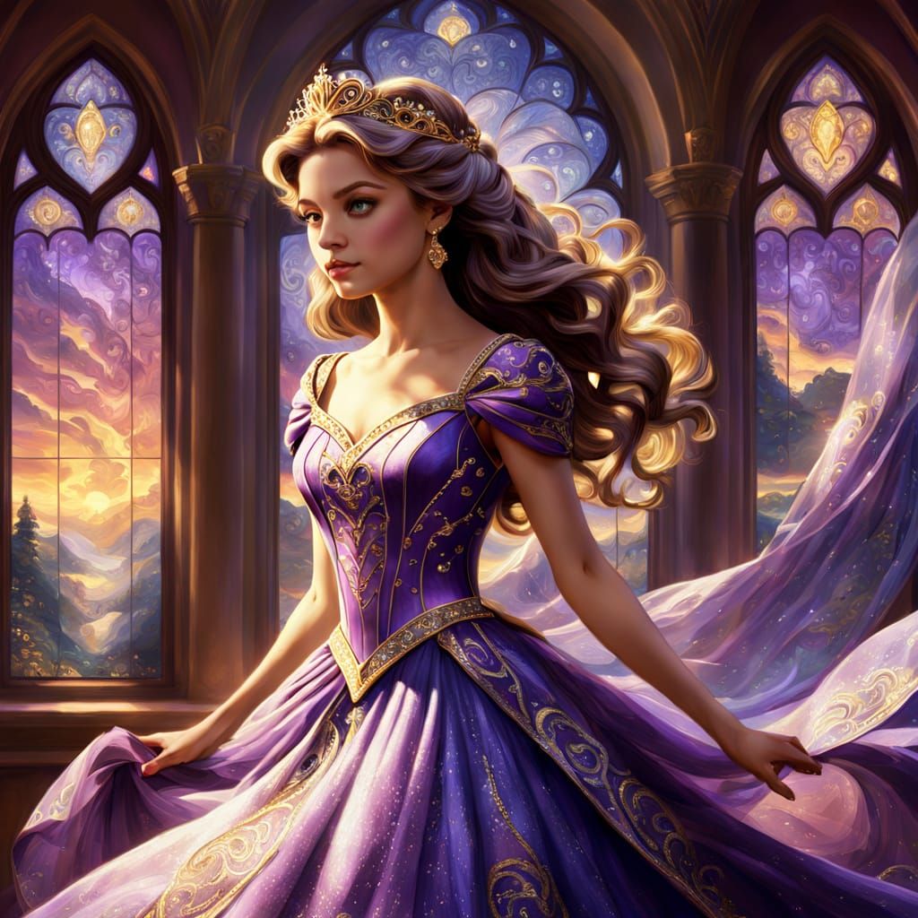Princess in Purple Gown with Shimmering Patterns