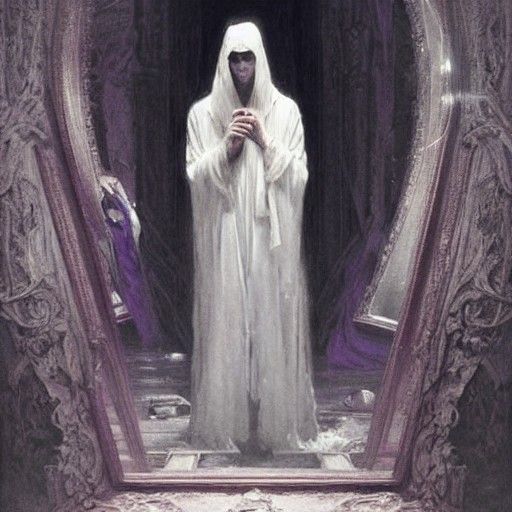 Hooded Figure Gazing into Dimensional Mirror