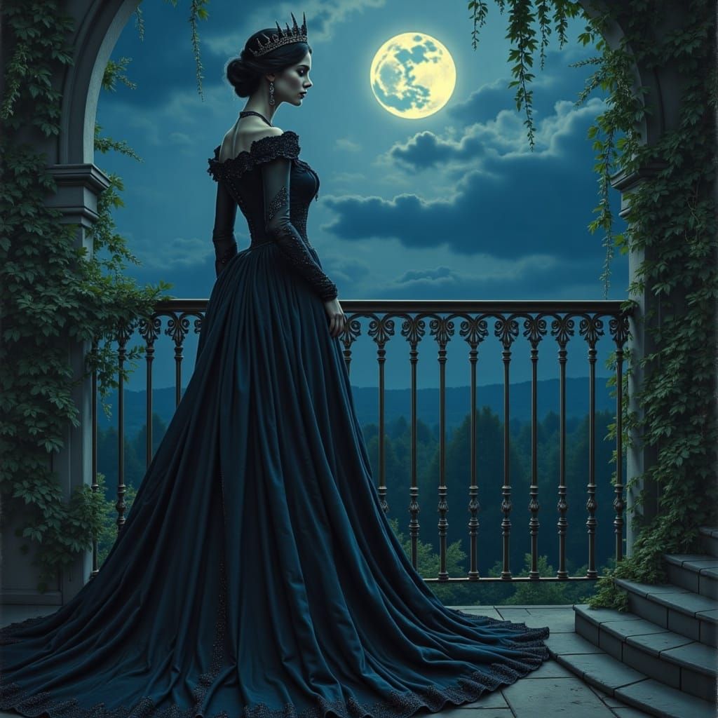 Melancholy Gothic Queen Overlooking Enchanted Forest