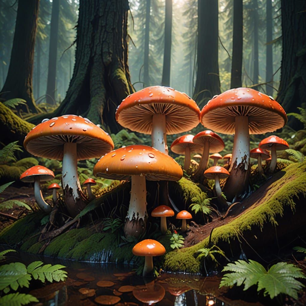 Surreal Melting Mushrooms in Cinematic Forest