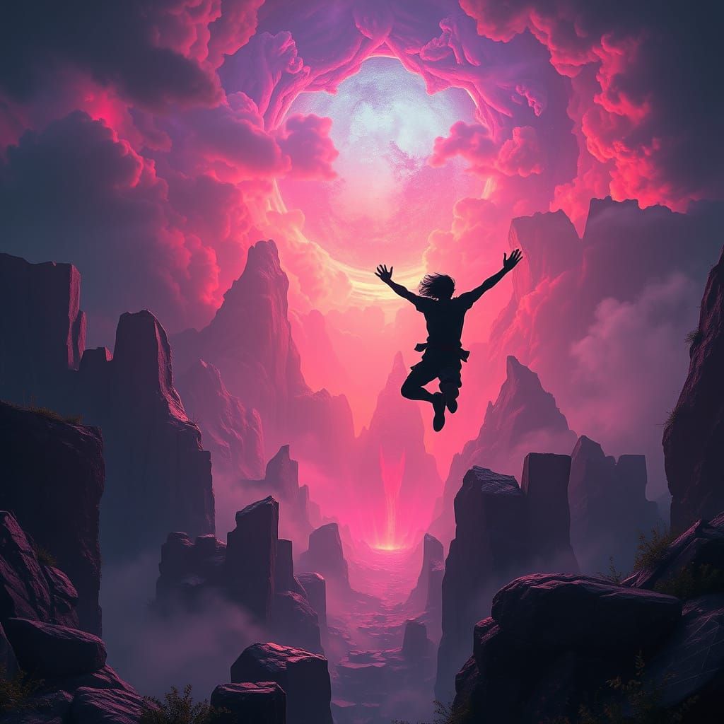 Surreal Figure Soars Through a Dreamlike Realm