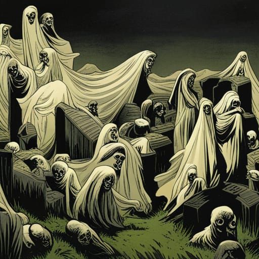 White Ghosts Gather in Graveyard at Night
