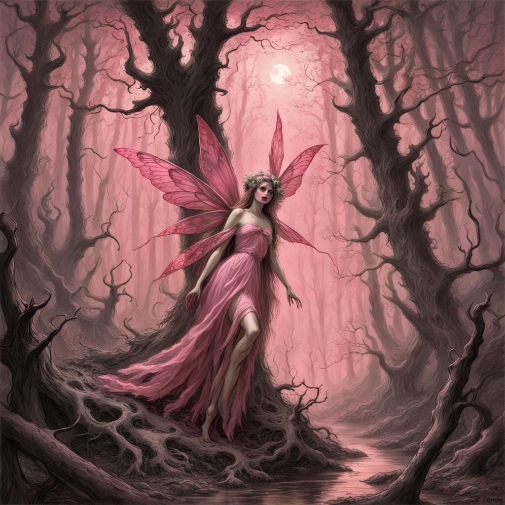 Pink Fairy in Evil Forest: Gothic Horror Art