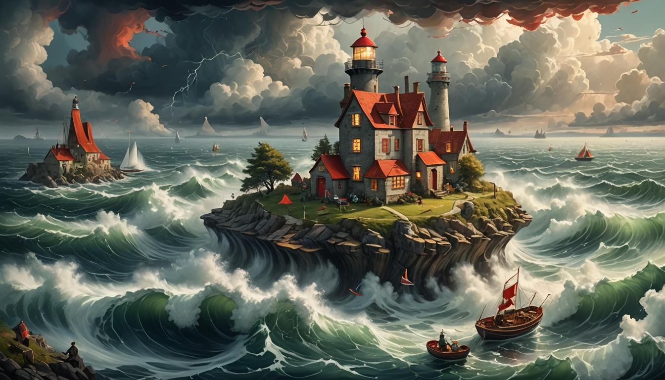 Surreal Lighthouse Tea Party in Stormy Seas