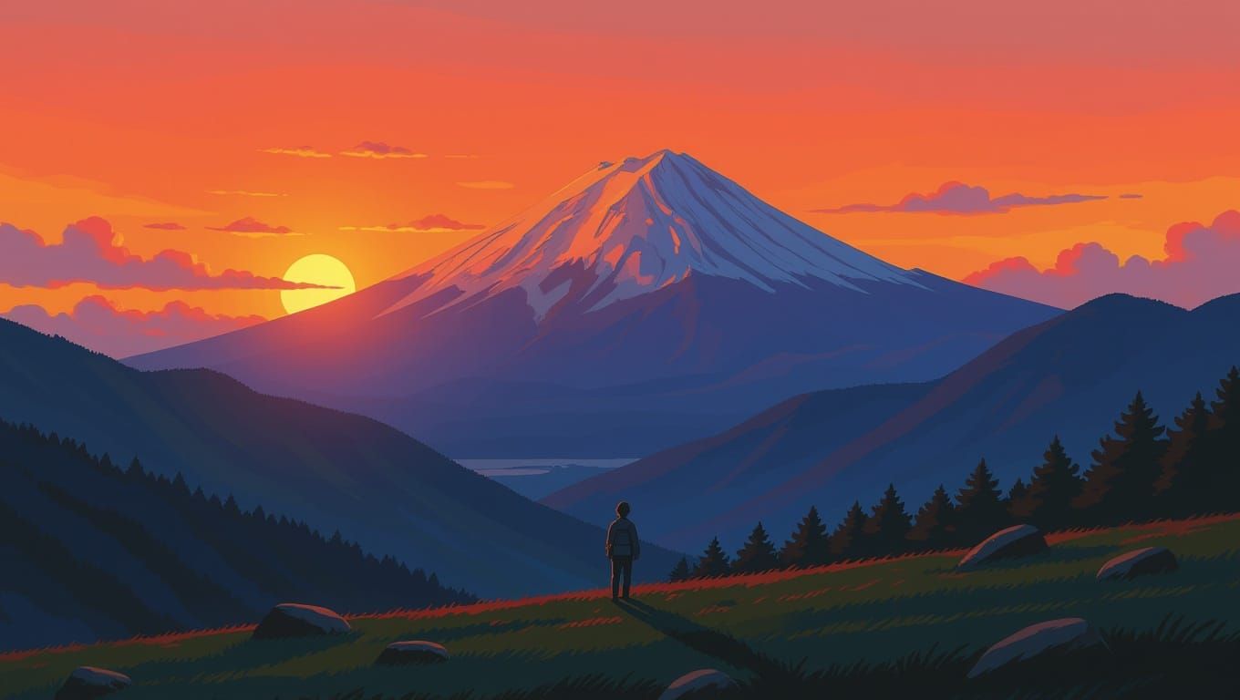 Ghibli Sunset Over Mountain Landscape in Impasto Style