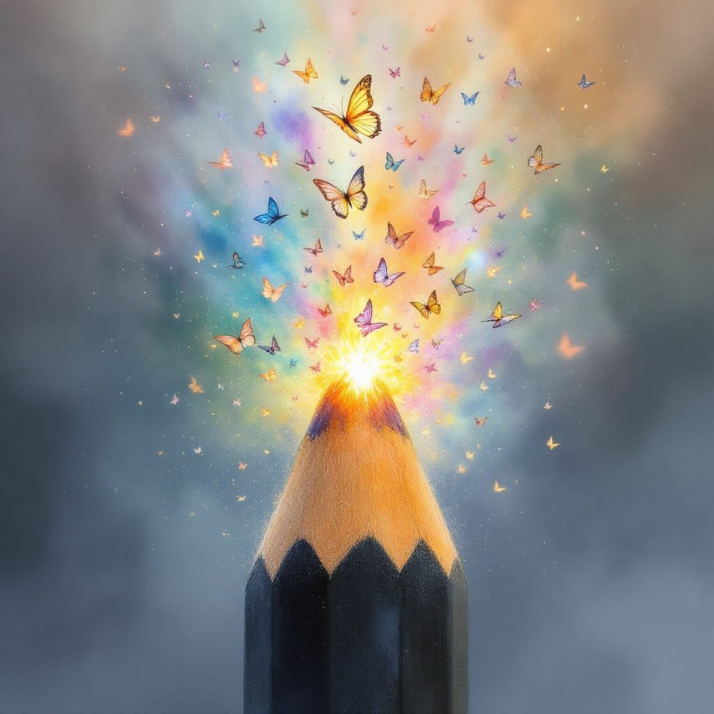 Butterflies Emerge from Giant Pencil in Watercolor Fantasy A...