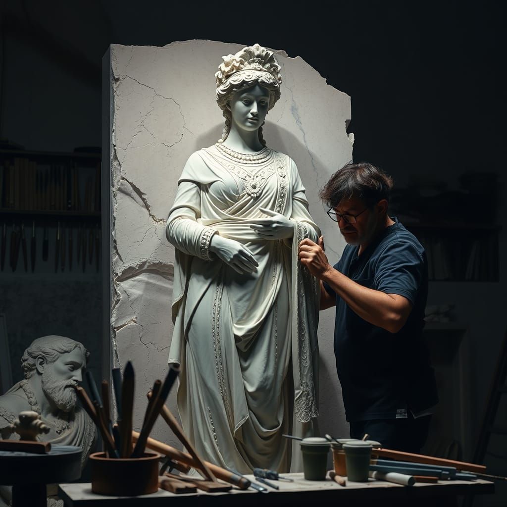 Sculptor Carving Marble Statue in Hyperrealistic Style