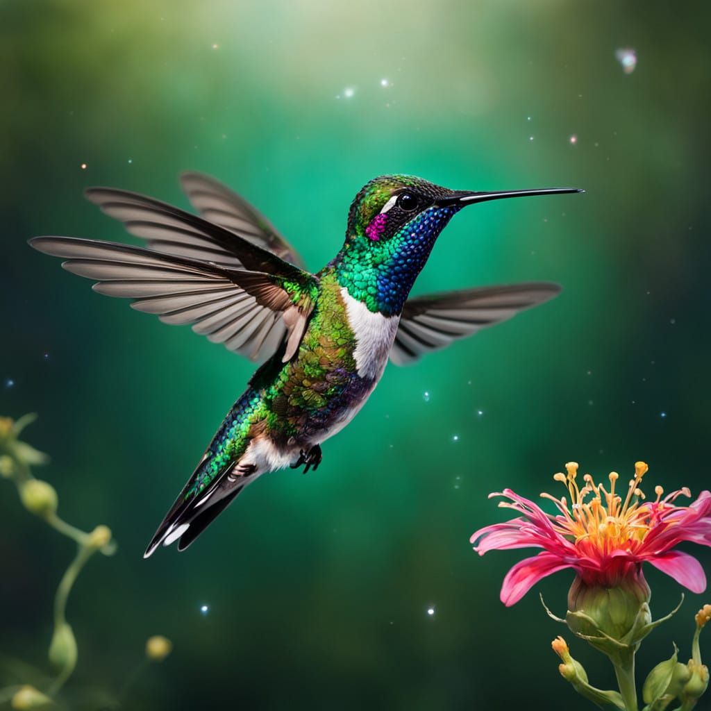 Hyperrealistic Hummingbird in Vibrant Floral Wonderland