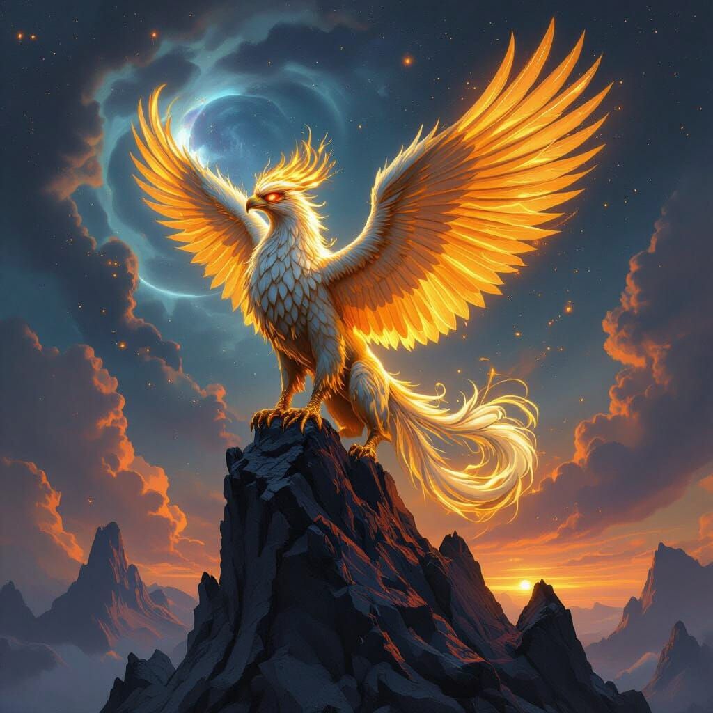 Golden Griffin Perched Atop Obsidian Peak