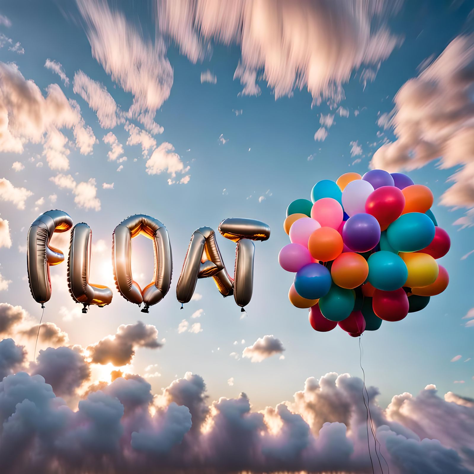 Word FLOAT Made of Balloons at Dawn