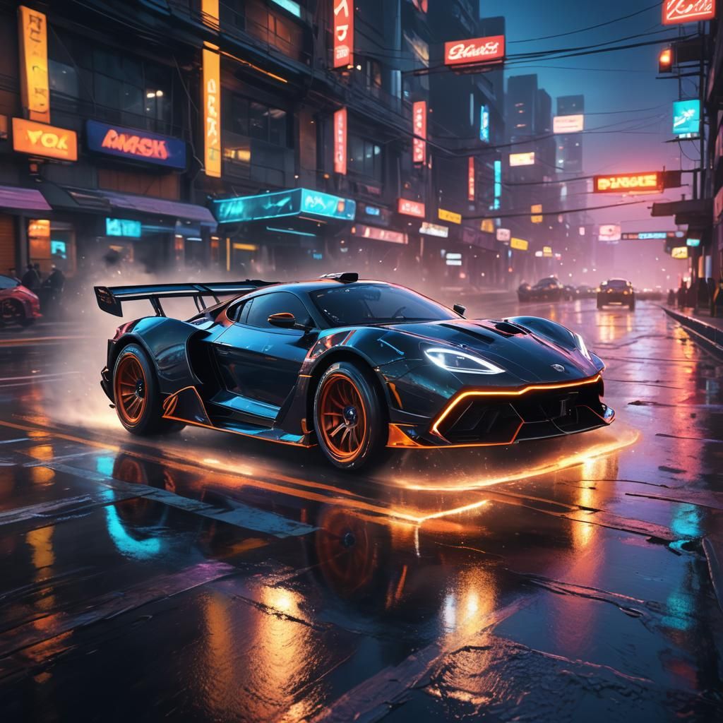 Neon Racing Car in Futuristic Cityscape