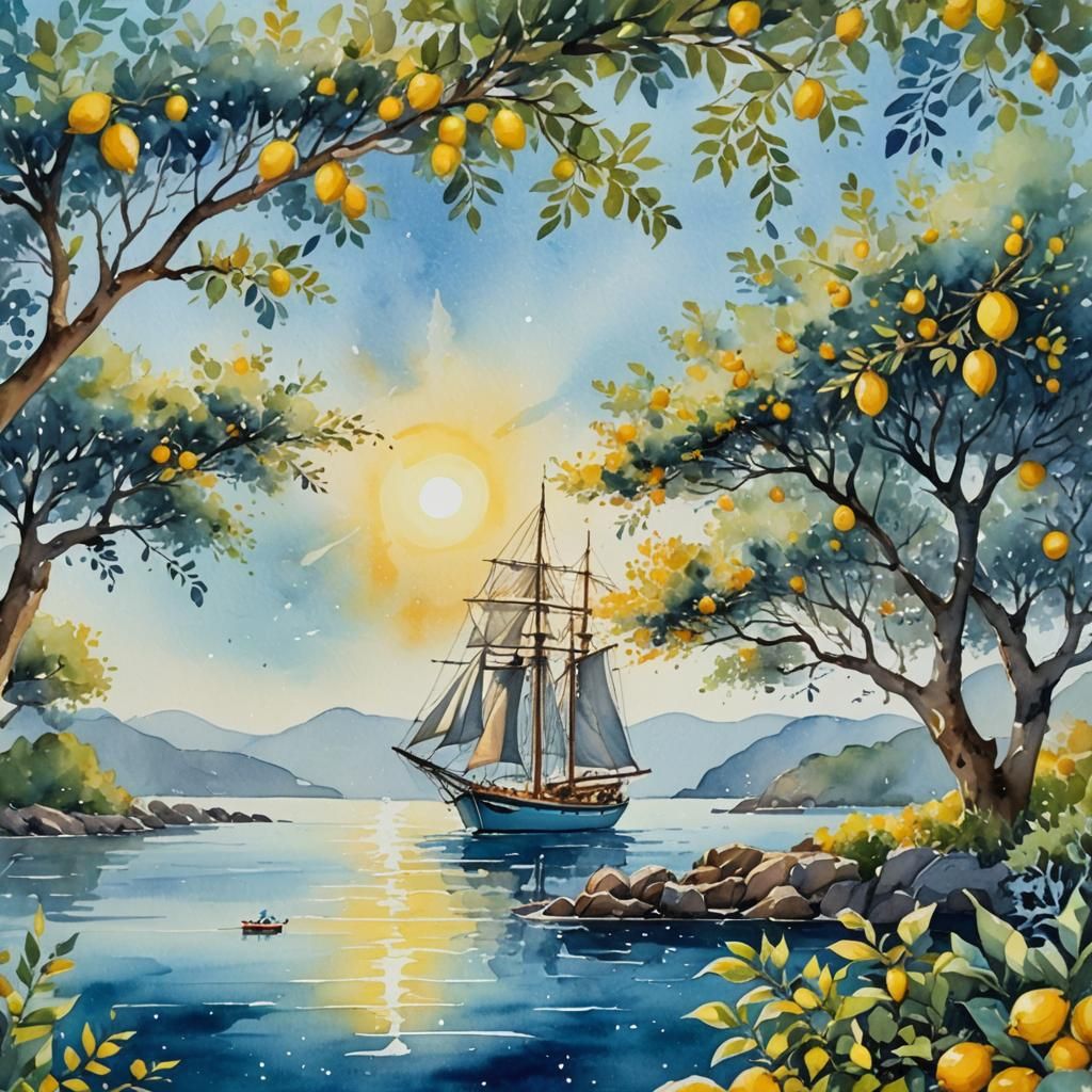 Watercolor Sailboat Scene with Lemon Tree
