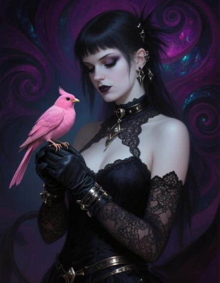 Goth Woman with Punk Style Holds Pink Bird
