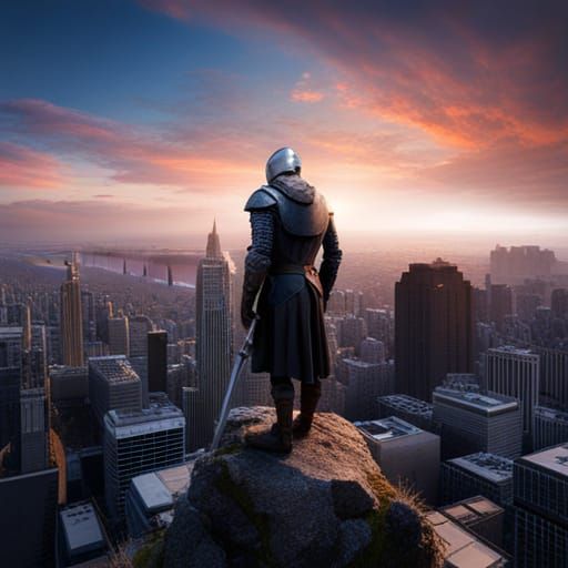Knight Overlooking Modern City in Despair