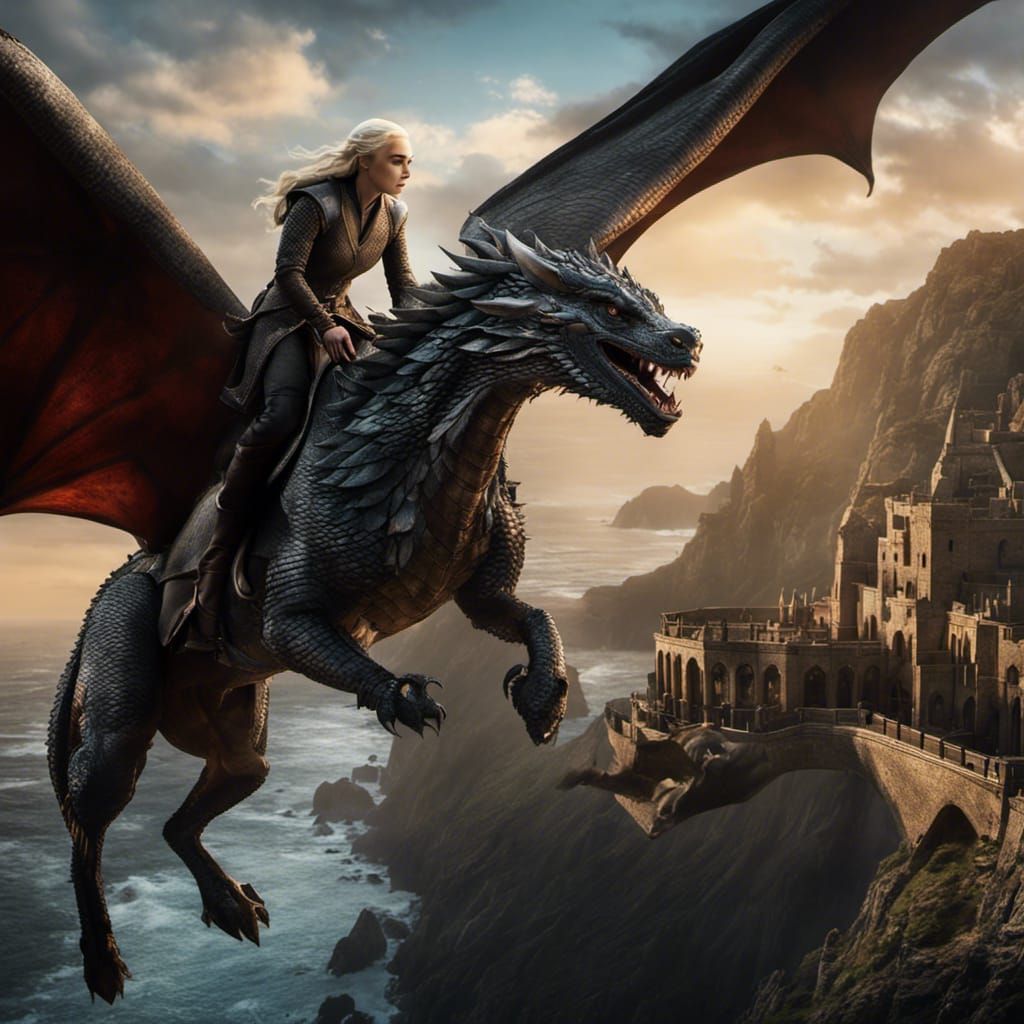 Daenerys Targaryen and Dragon over Dragonstone