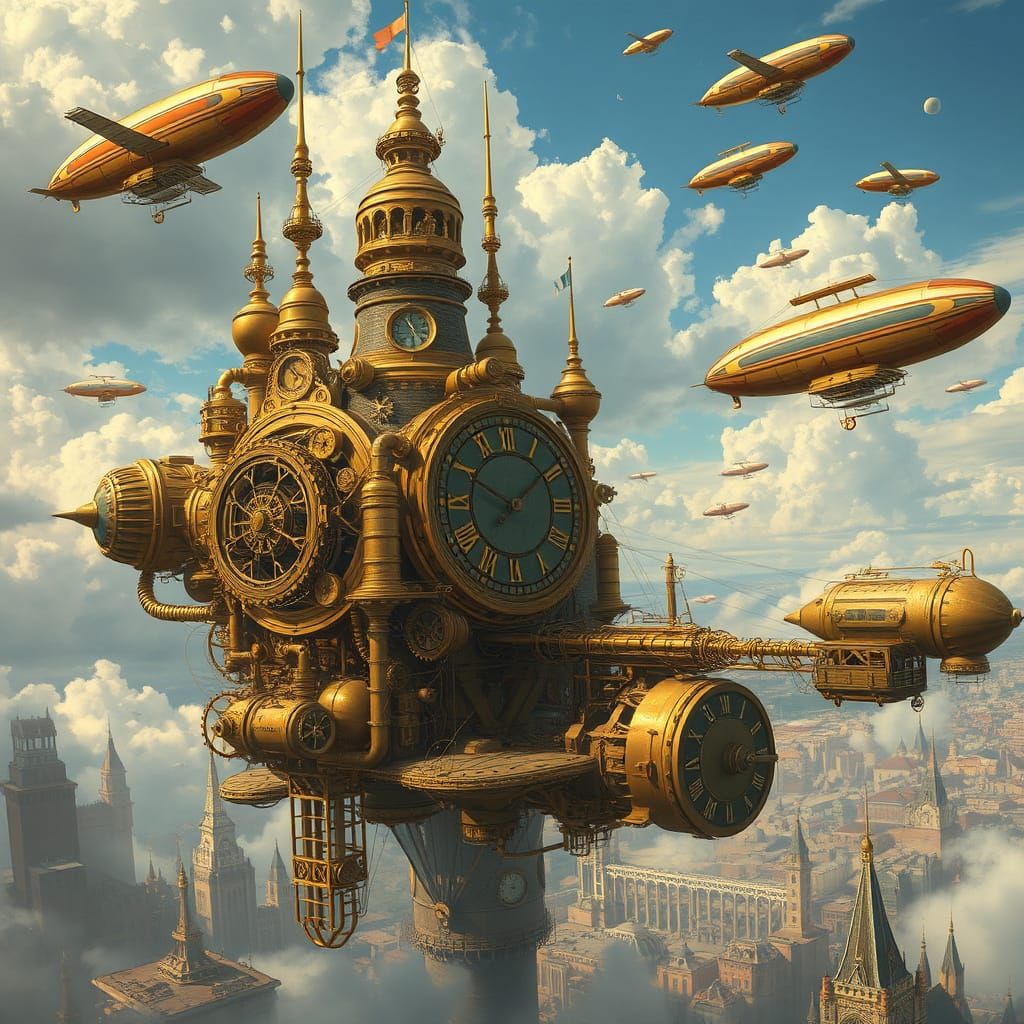 Steampunk Clockwork Skybase Marvels with Victorian Engineeri...