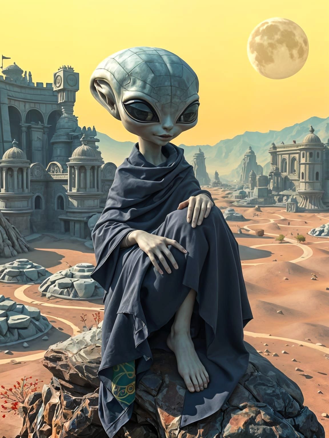 Hyperrealistic Alien Goddess on Exotic Desert Planet