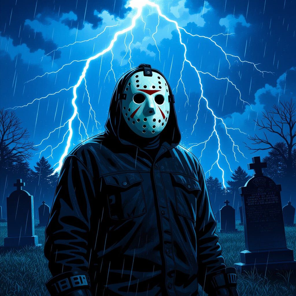 Jason Voorhees in Thunderstorm: Gothic Horror Cemetery Scene