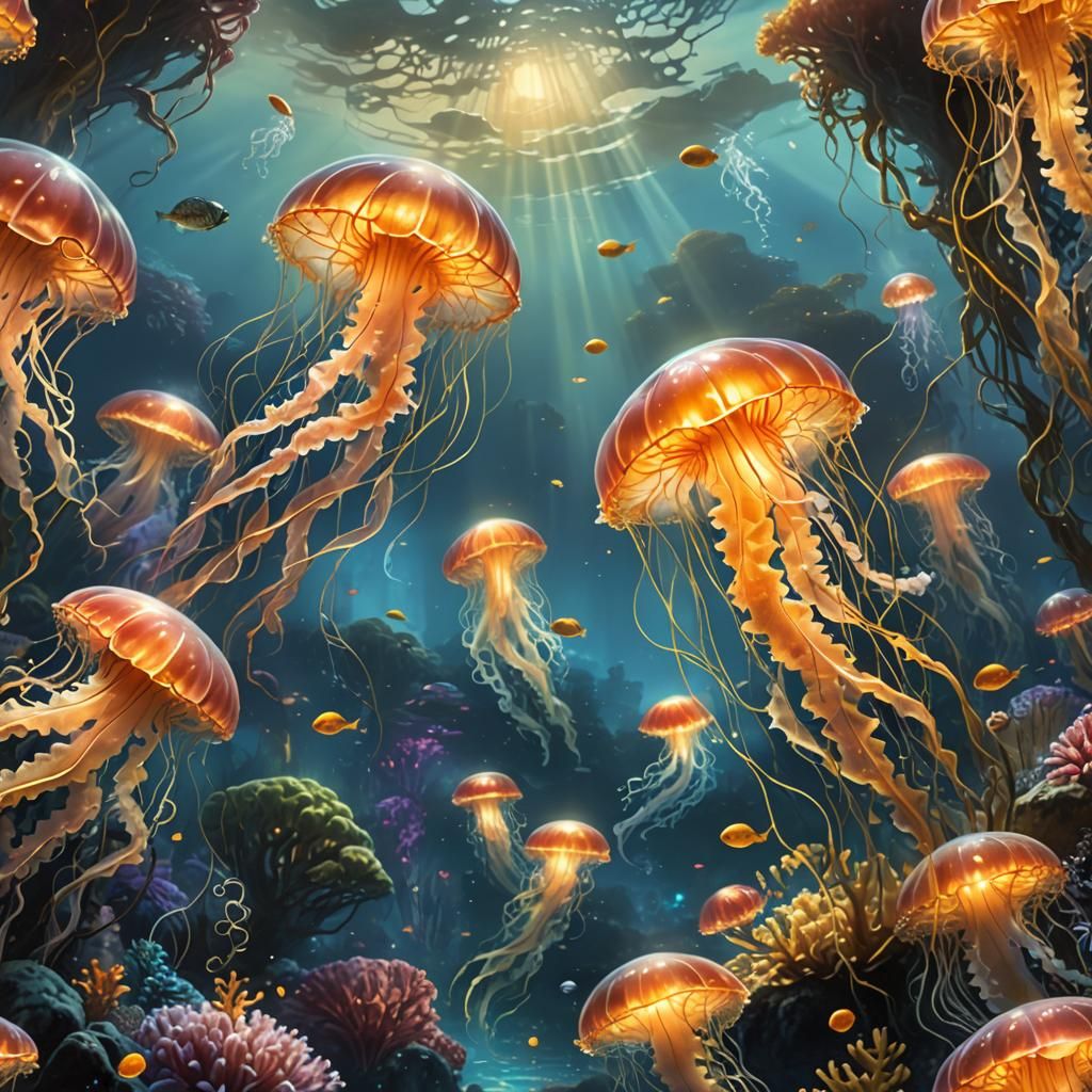 Ethereal Underwater Fantasy Art with Glowing Sea Life