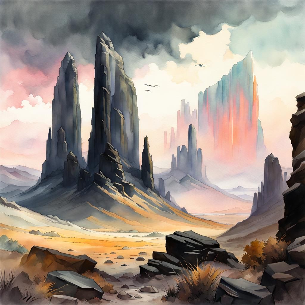 Basalt Rock Formations in Light Ink Wash Art