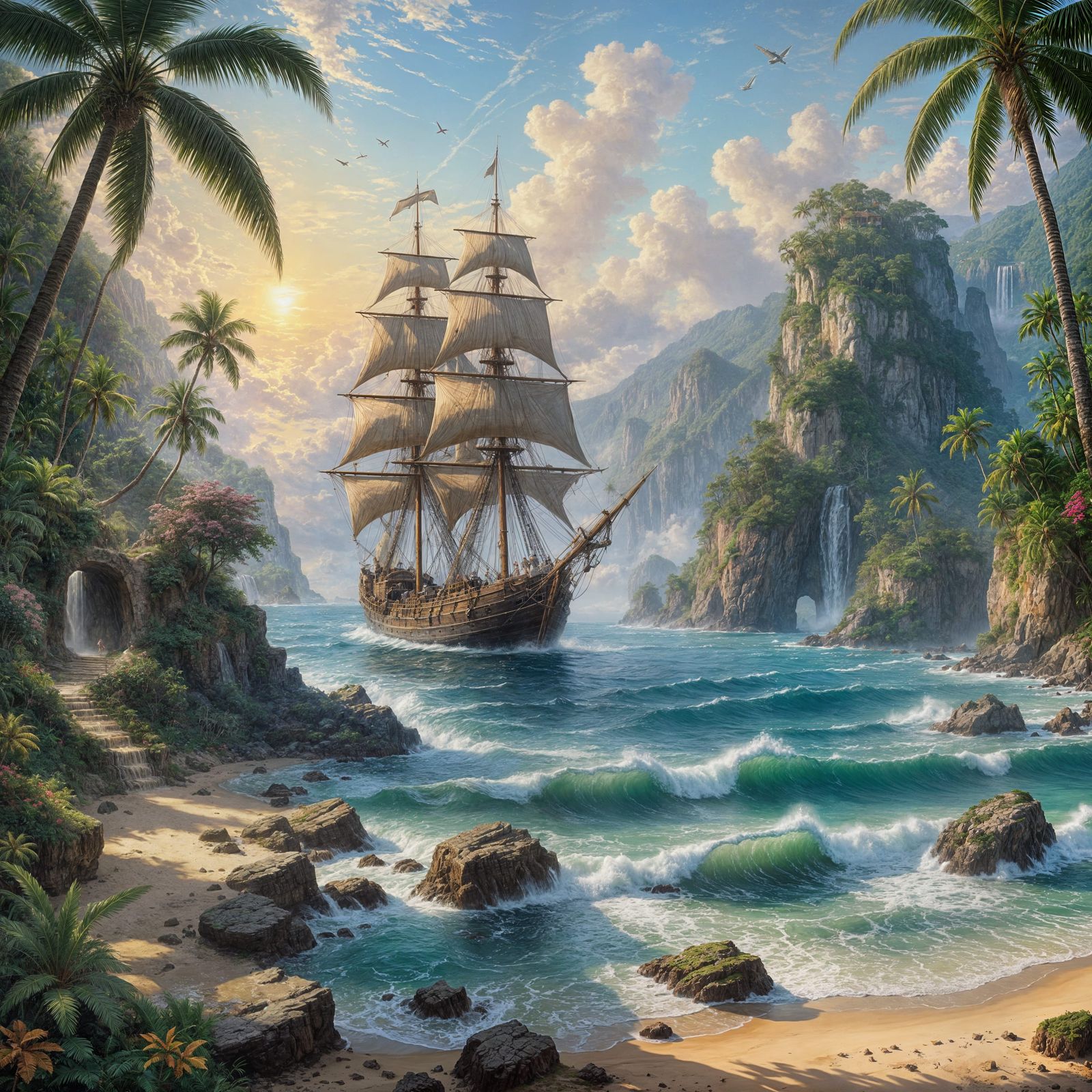 Dreamy Tropical Oasis with Sailship in Distance