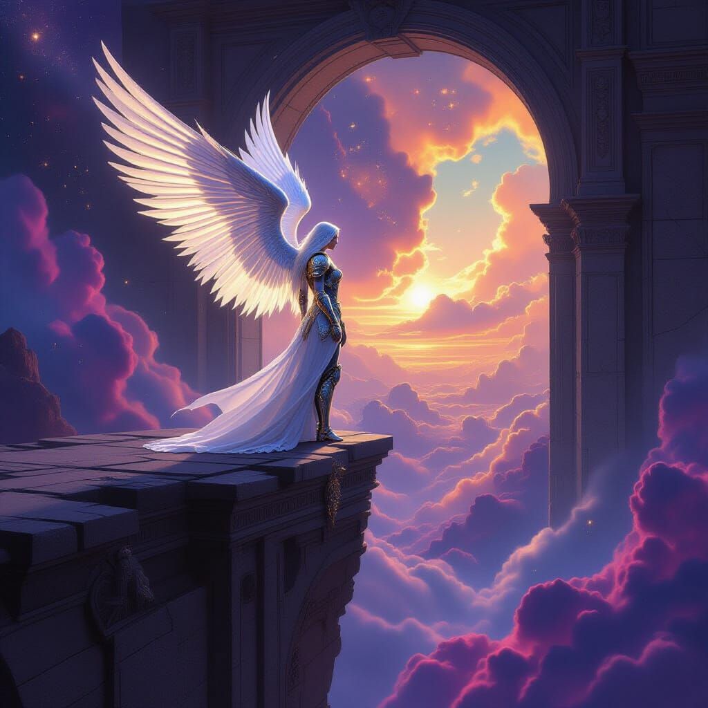 Ethereal Angel on Floating Archway in Cosmic Nebula