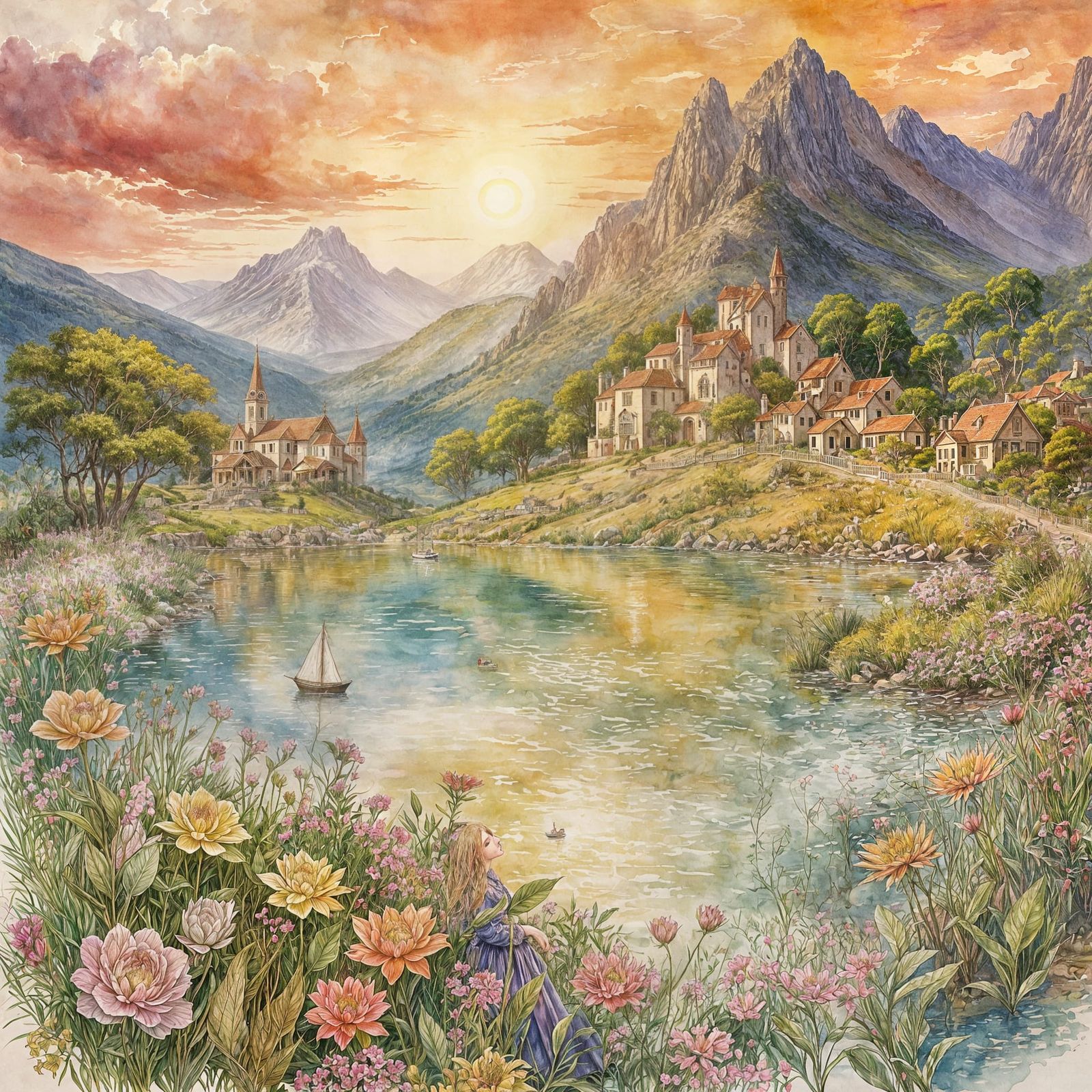 Watercolor Sunset Over Lake with Sailing Boats and Mountain