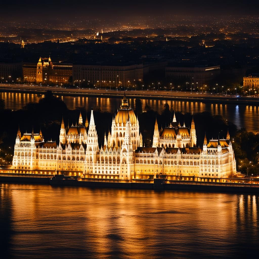 Budapest Parliament at Night Reflected on Danube