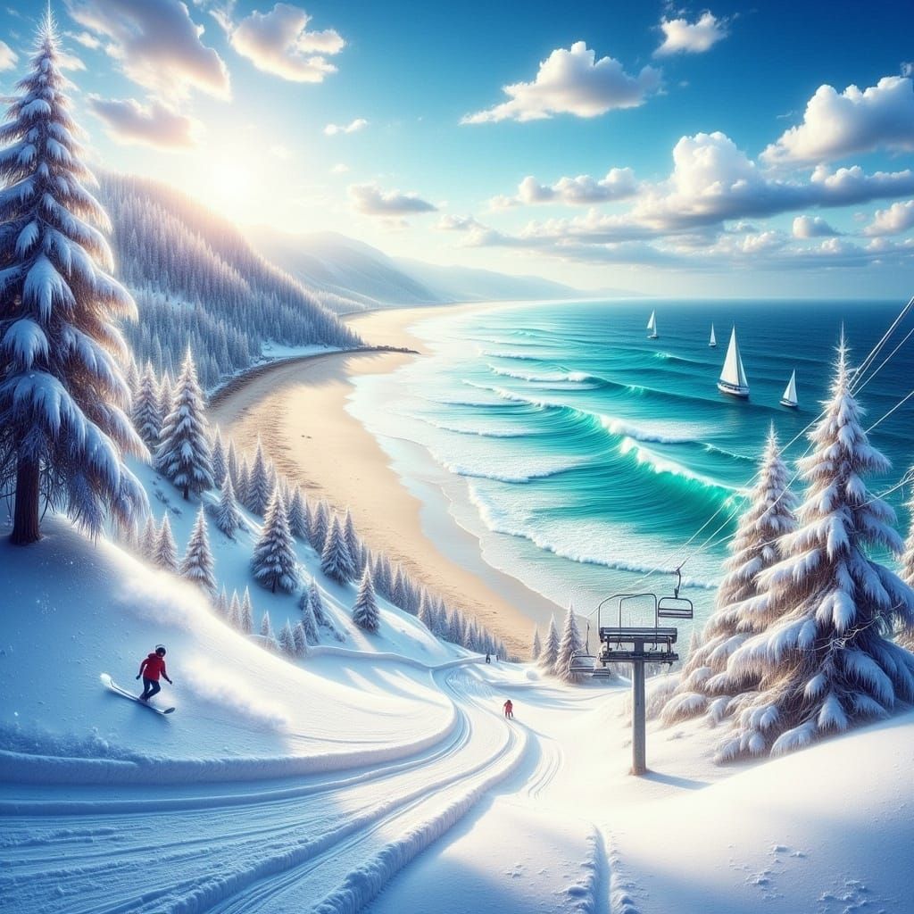 Ski Slope Meets Tropical Beach in Impressionist Style