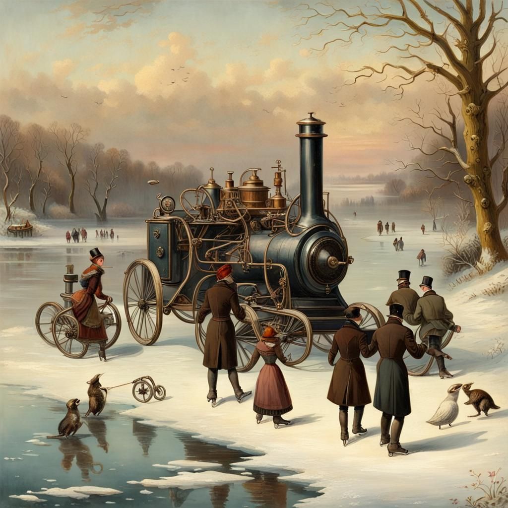 Steampunk Ice Skaters on Frozen Lake in England