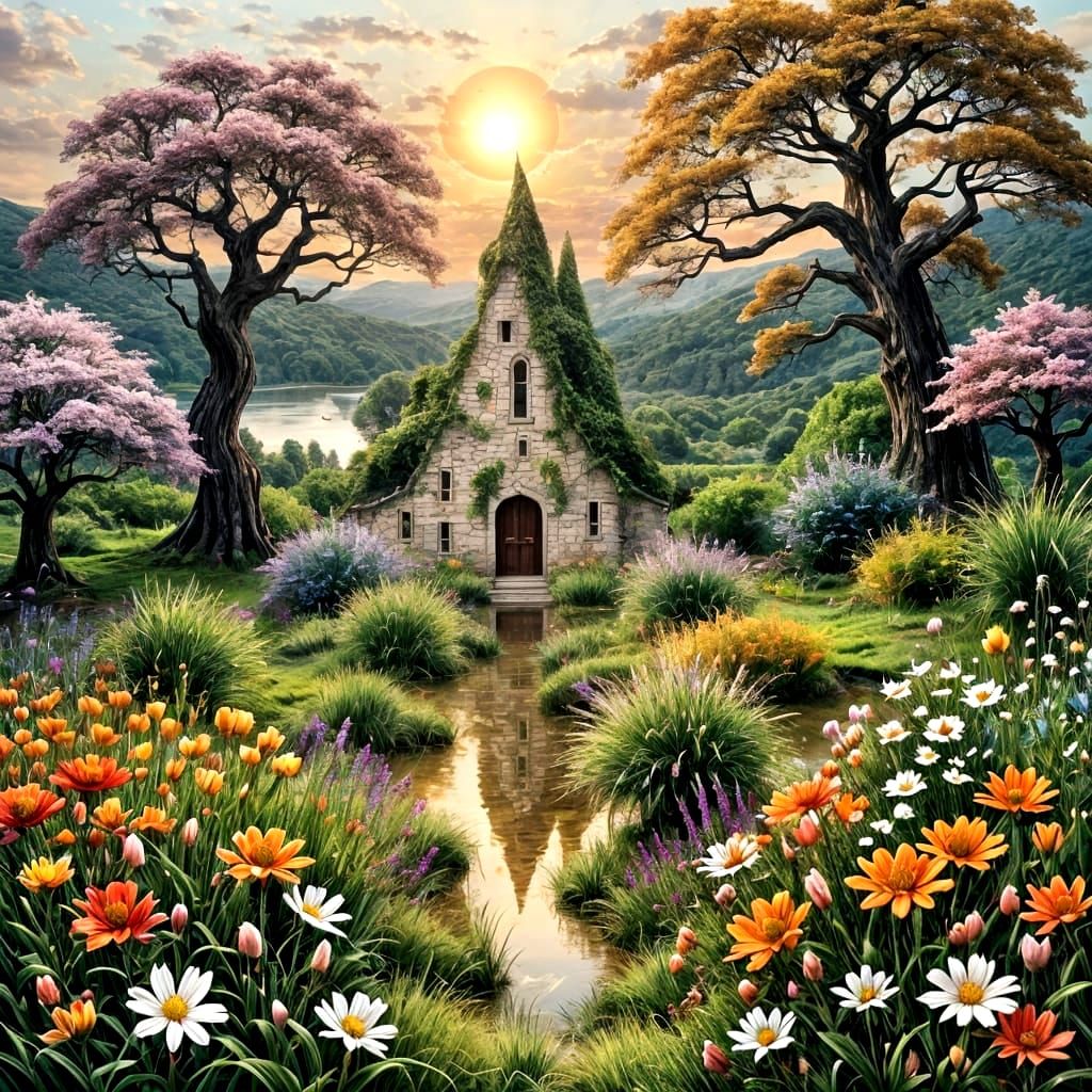 Whimsical Stone Cottage Beside a Tranquil Pond