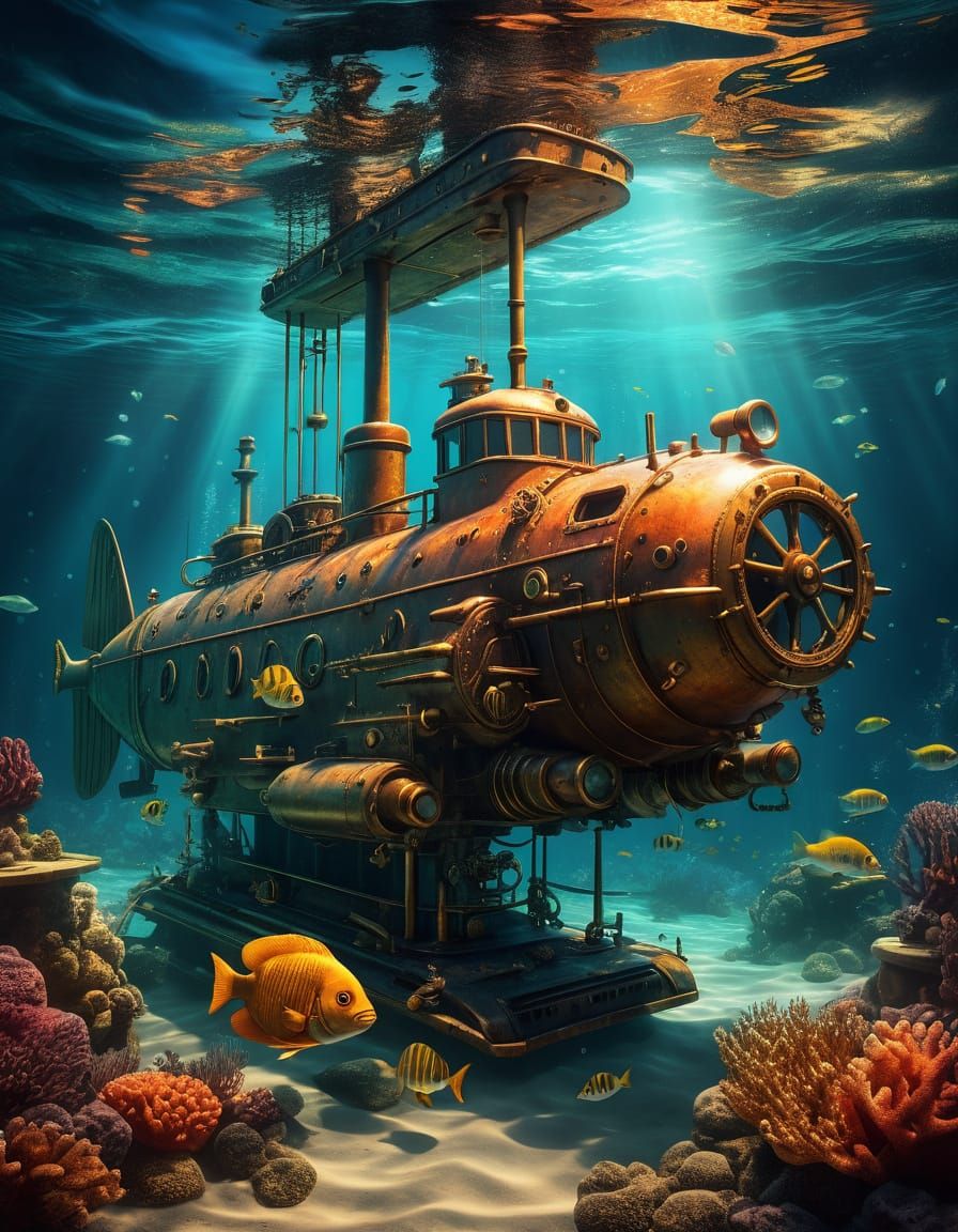 Dieselpunk U-Boat in Underwater Steampunk World