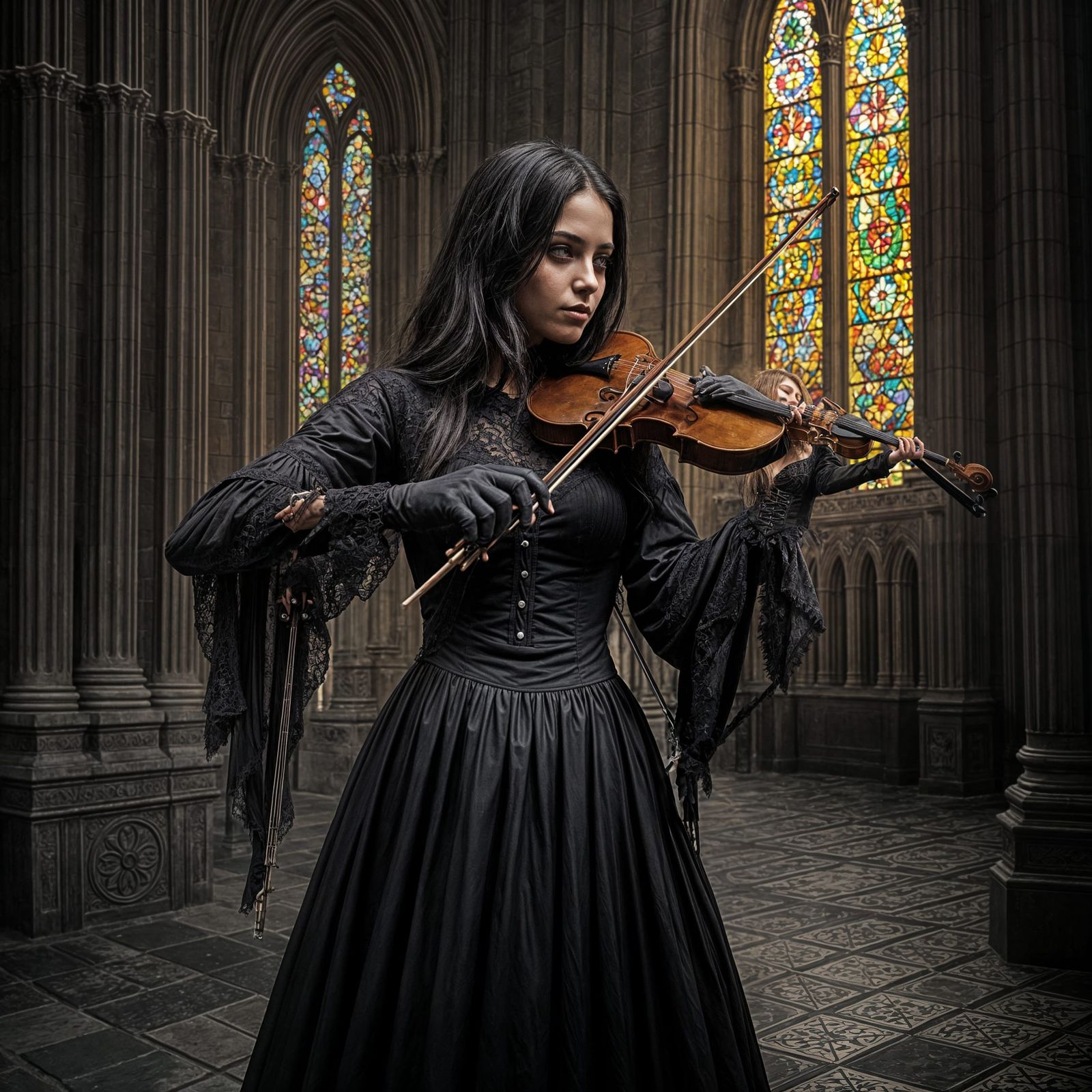 Eerie Gothic Cathedral Scene with Violinist