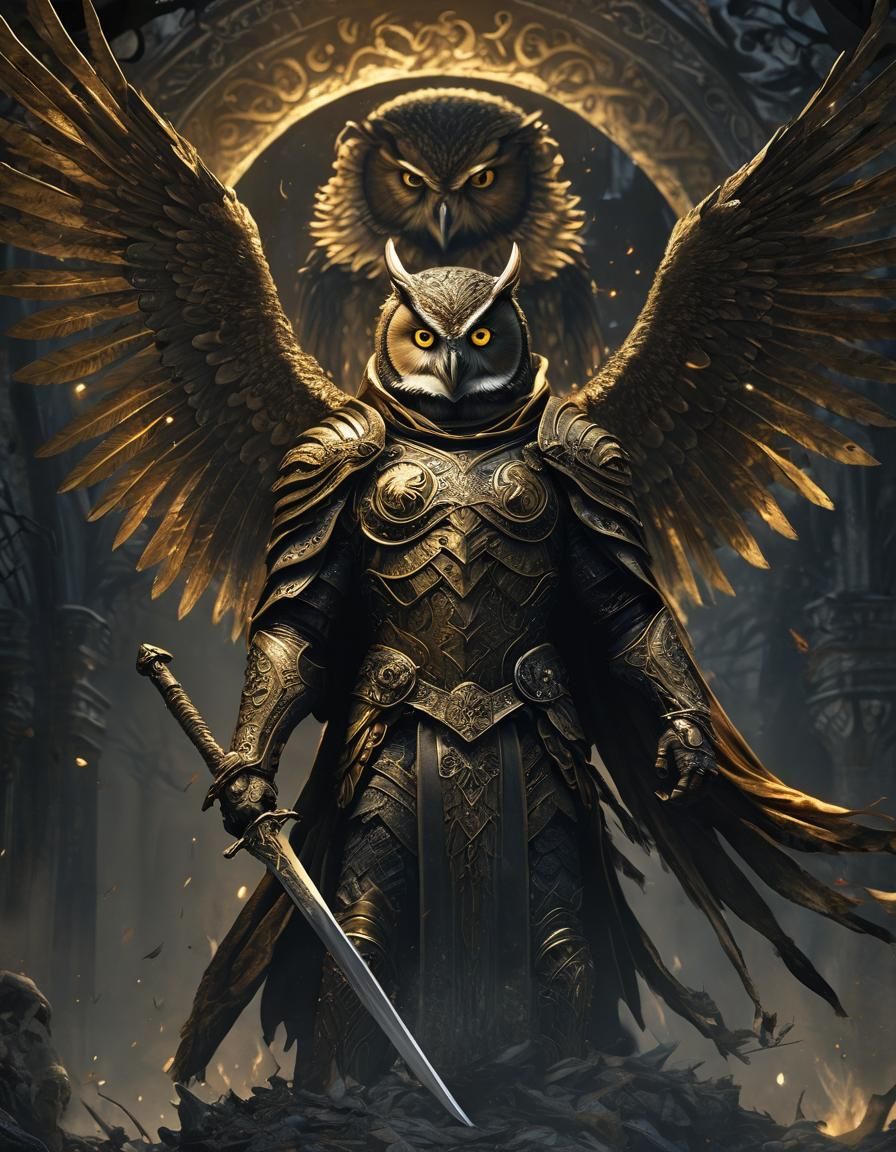 Warrior and Owl in Golden Fantasy Illustration