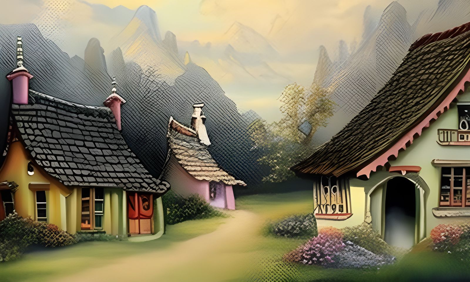 Whimsical Fantasy Landscape with Pastel Cottages