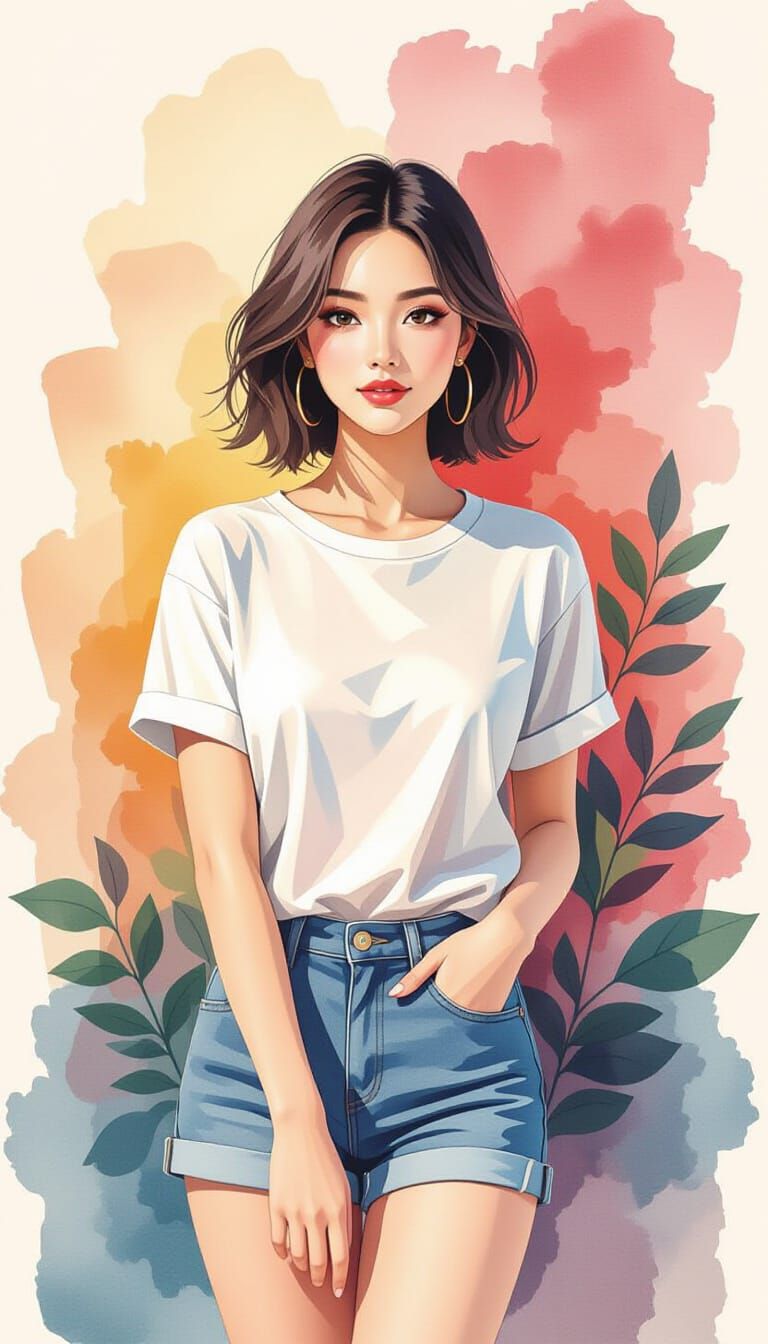 Watercolor Portrait of Stylish Young Woman in Geometric Styl...