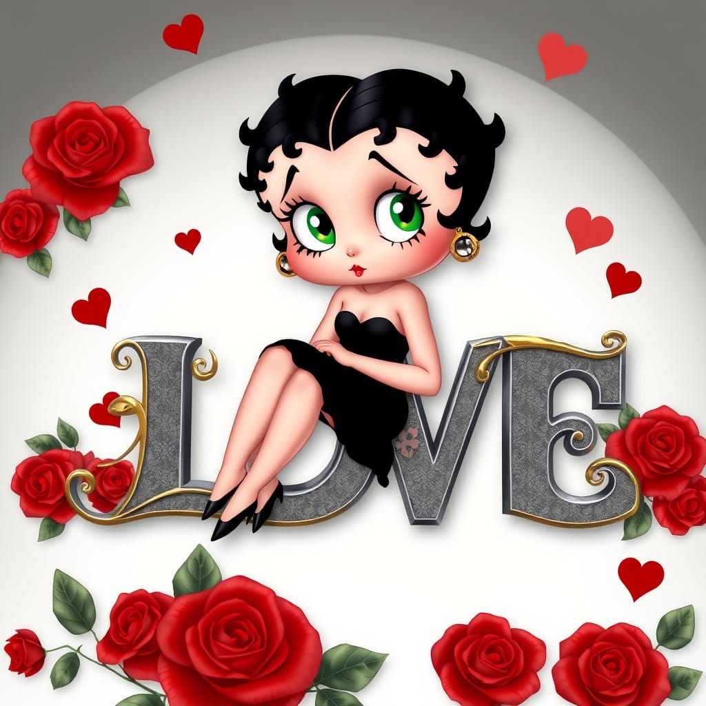 A stylized, vintage-inspired animated poster featuring the iconic Betty Boop in a classic pose. She is depicted with ove...