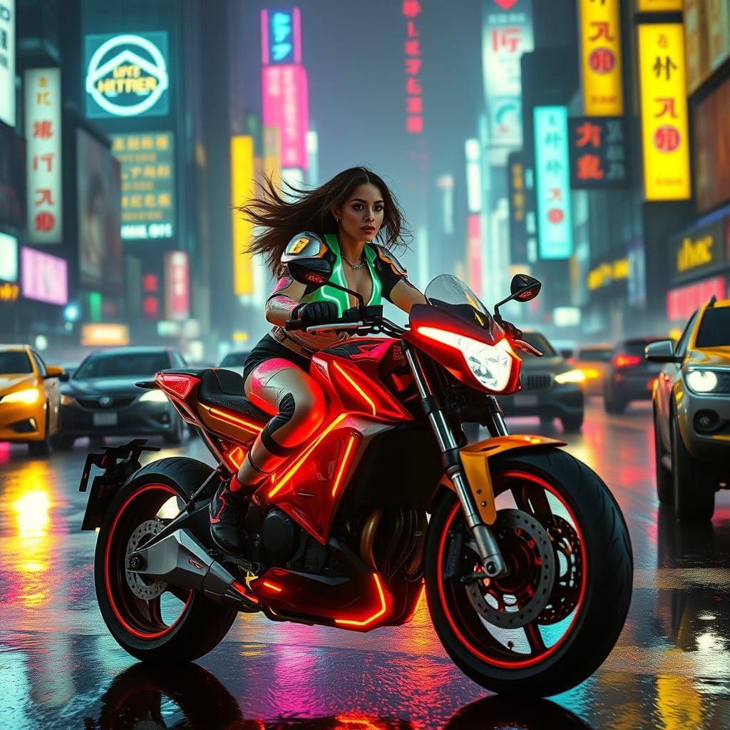 Rebellious Cyberpunk Biker Girl in Neon-Lit City