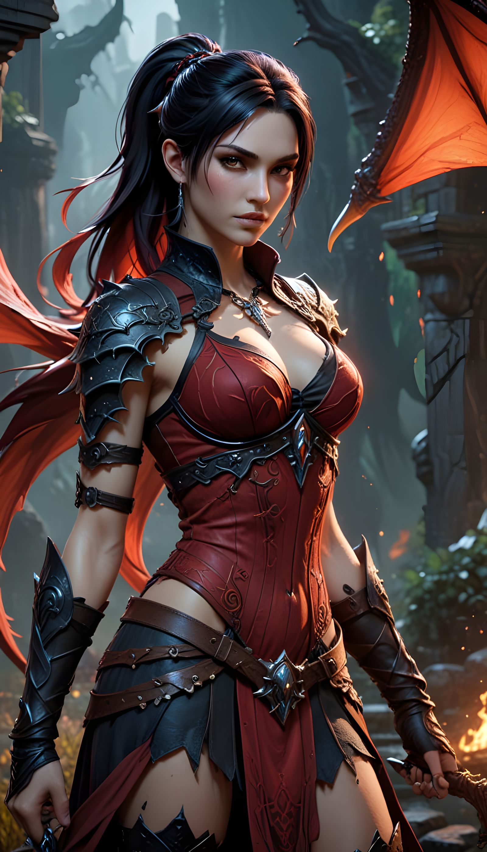 Sensual Fantasy Warrior in Deep Red and Black