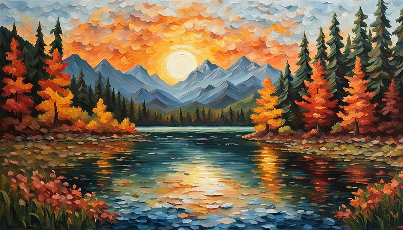 Sunset Forest Lake Impasto Painting