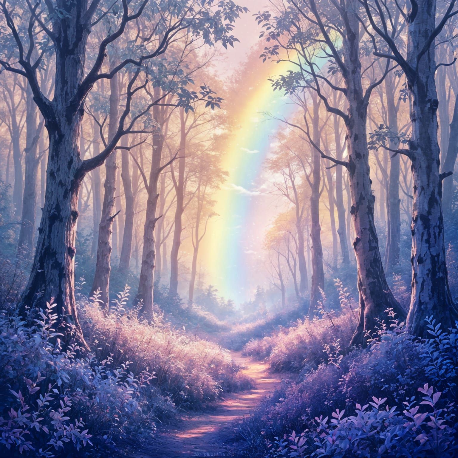 Mystical Pastel Forest with Rainbow