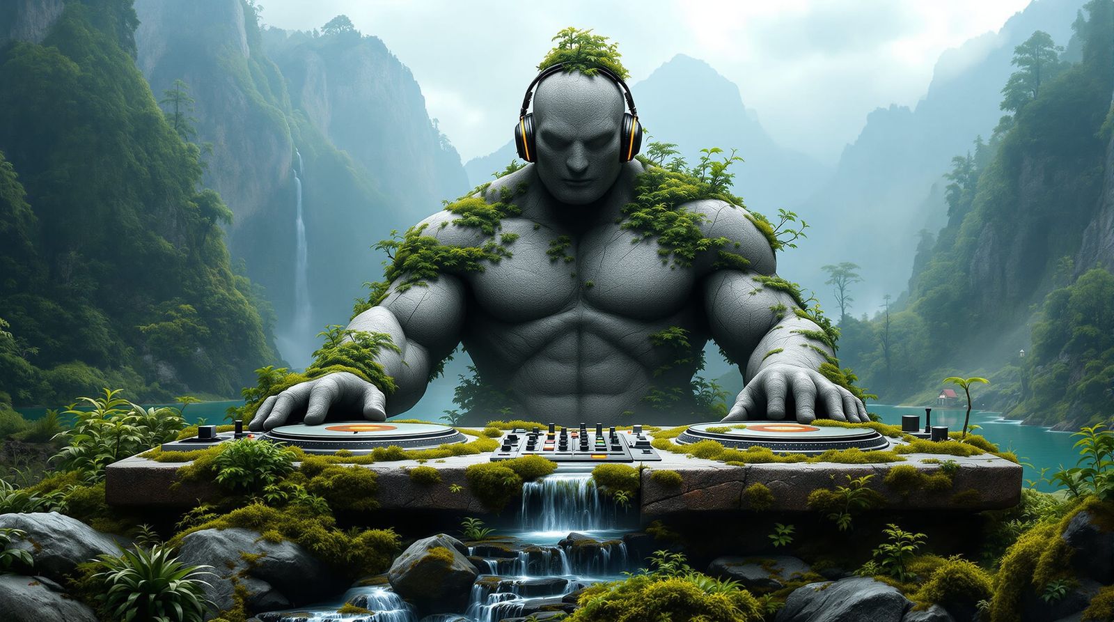 Stone Giant DJ in Zen Garden with Turntables