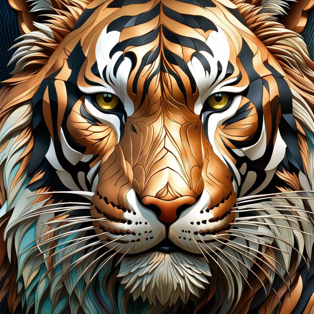 Metallic Striped Tiger Portrait in Steel Bas Relief