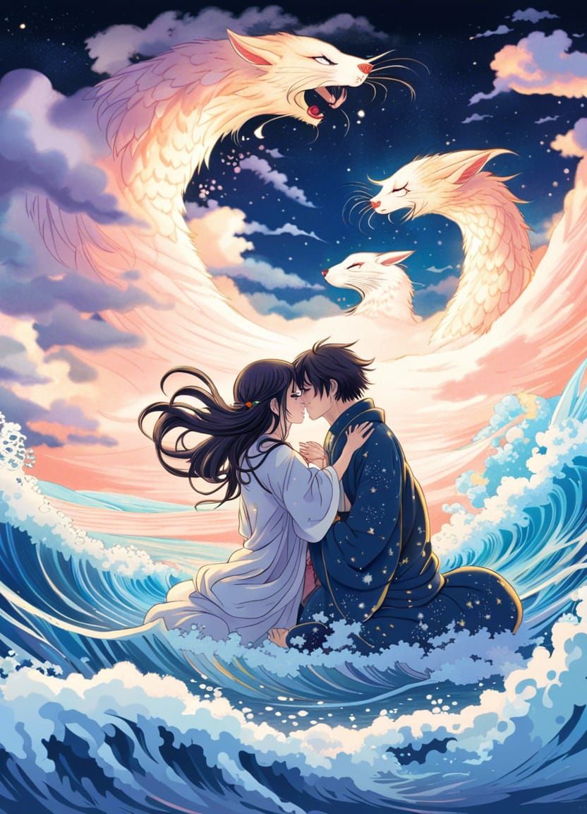 Cat Girls Embrace at Ancient Stargate, Ukiyo-e Style