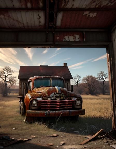 Hyperrealistic Oil Painting of Abandoned House with Rusty Tr...