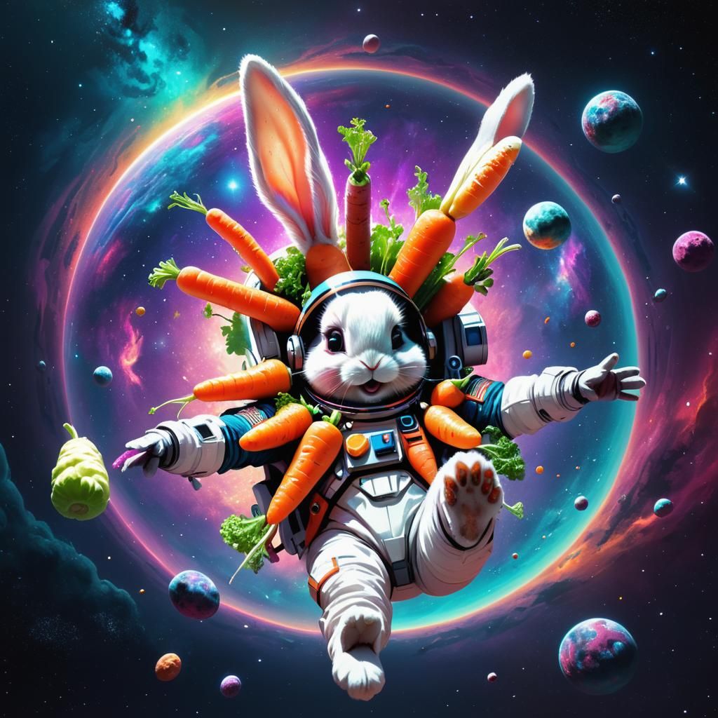 Bunny Astronaut in Space Eating Cosmic Carrots