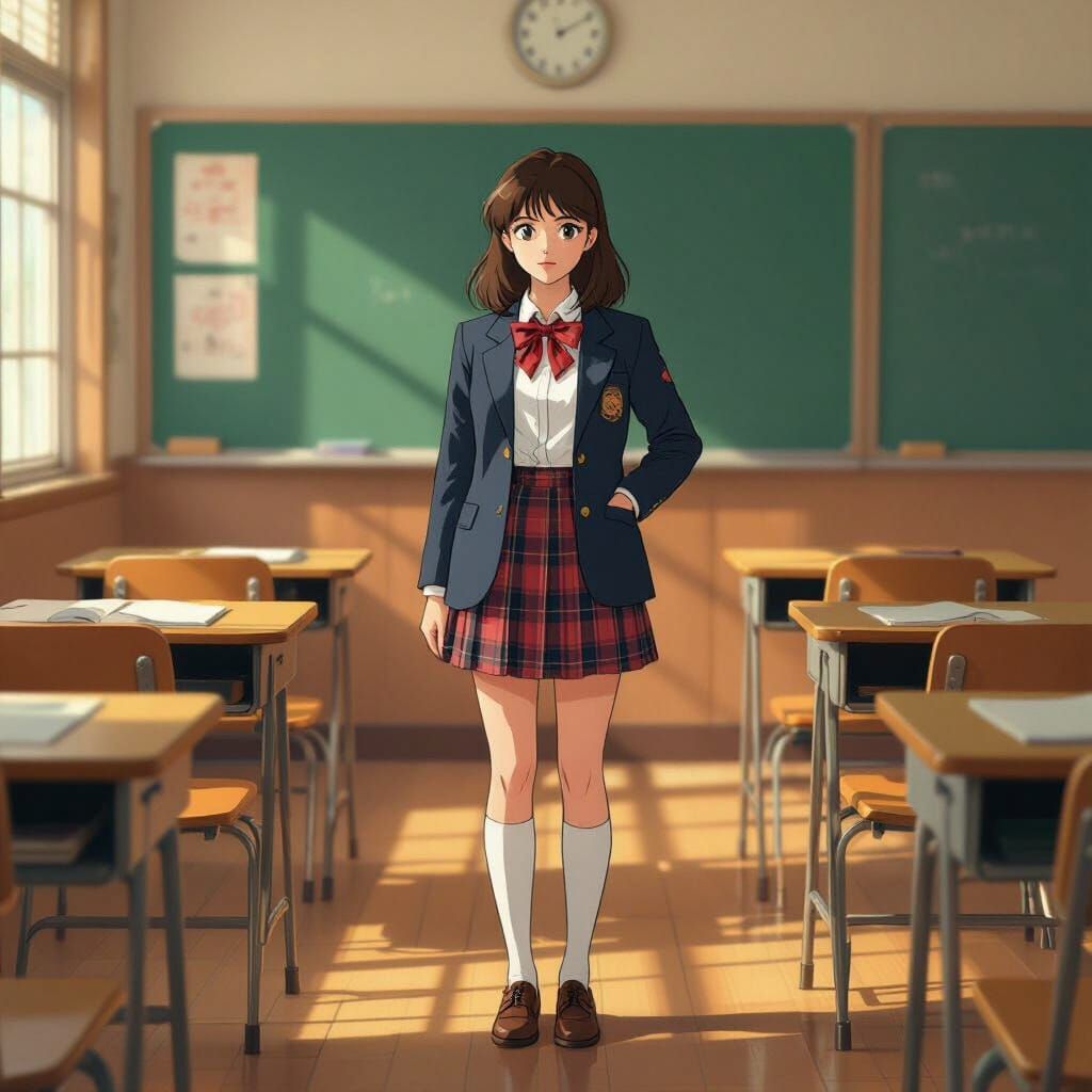 1980s Schoolgirl in Classroom, Film-Like Aesthetic